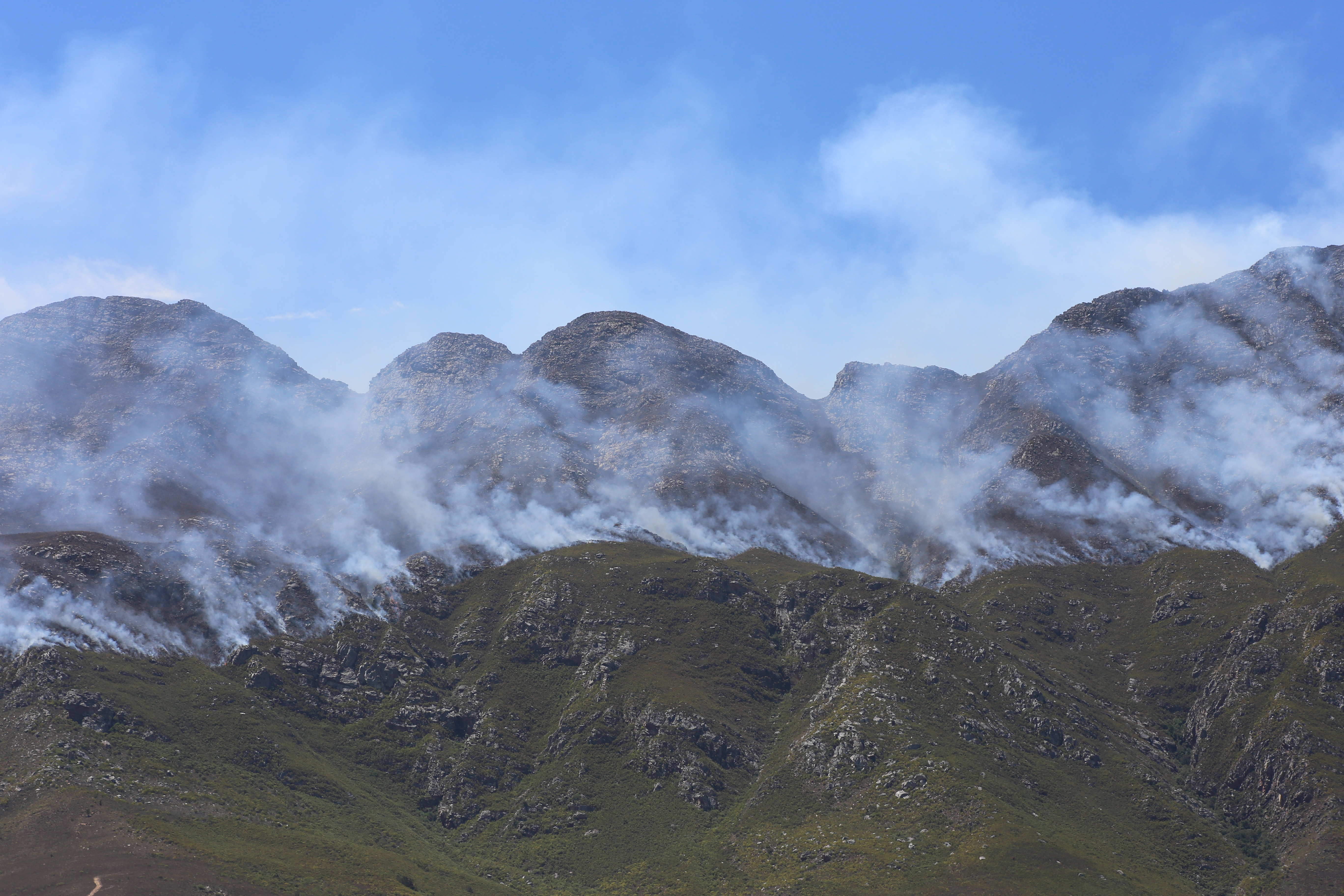 Photograph of a mountain range on fire